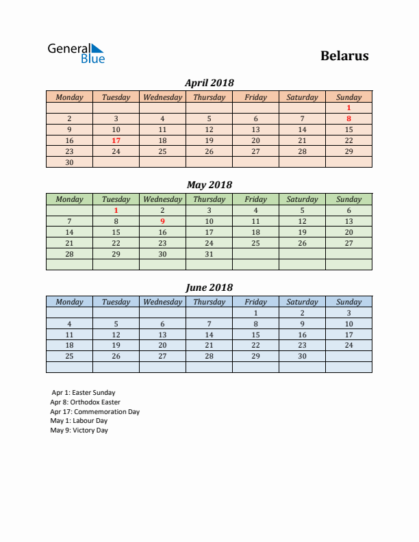 Q2 2018 Holiday Calendar - Belarus