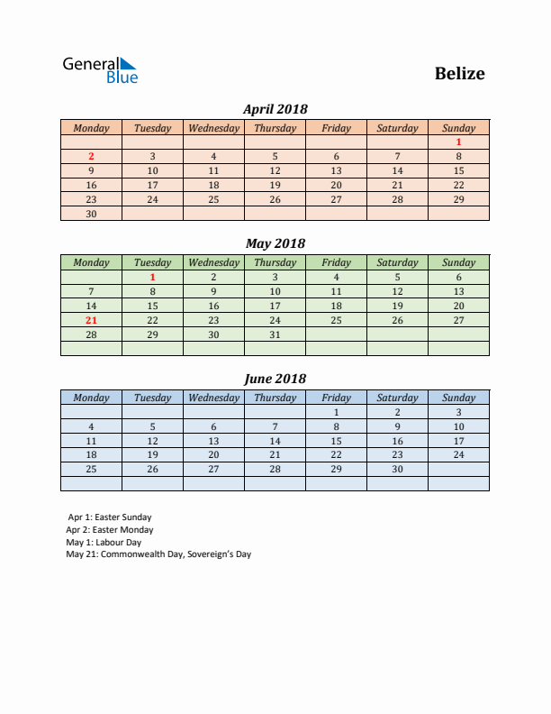 Q2 2018 Holiday Calendar - Belize