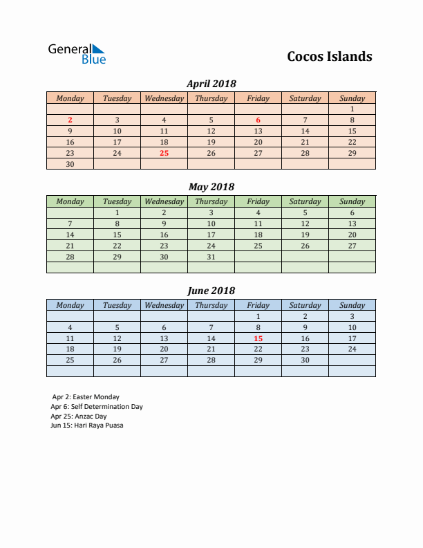 Q2 2018 Holiday Calendar - Cocos Islands