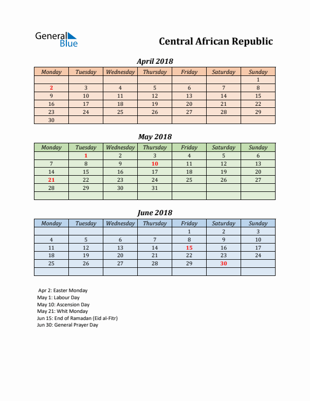 Q2 2018 Holiday Calendar - Central African Republic