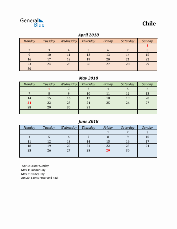 Q2 2018 Holiday Calendar - Chile