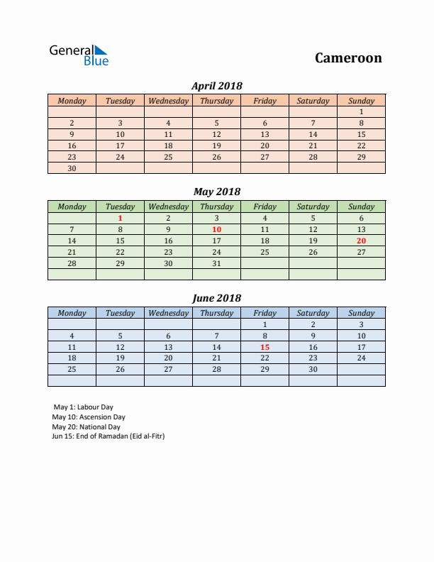 Q2 2018 Holiday Calendar - Cameroon