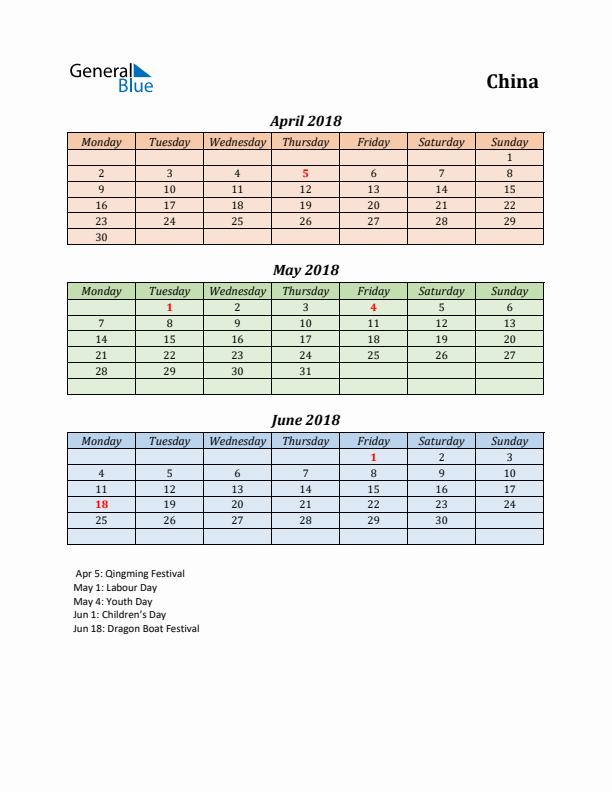 Q2 2018 Holiday Calendar - China