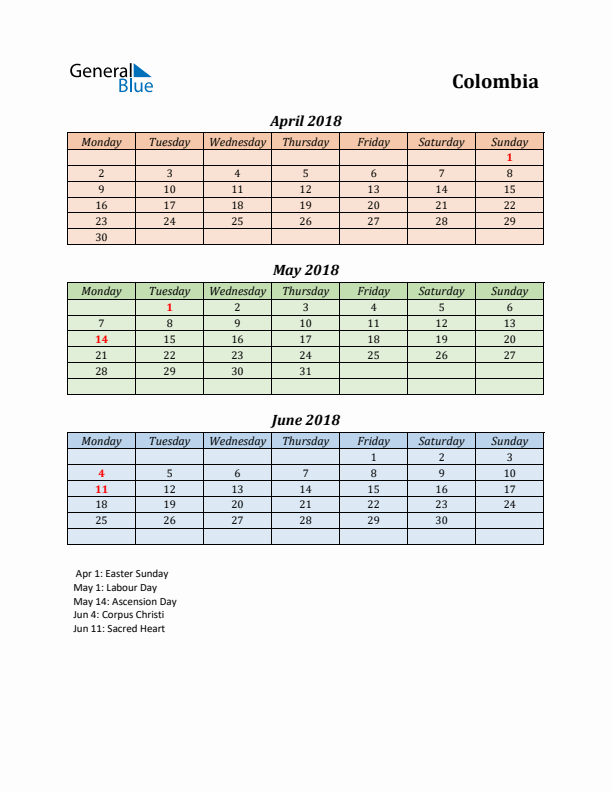 Q2 2018 Holiday Calendar - Colombia