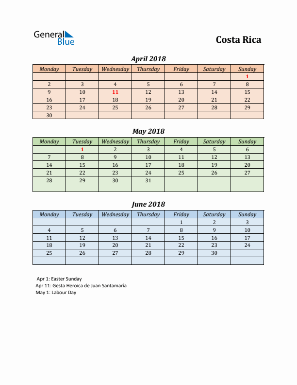 Q2 2018 Holiday Calendar - Costa Rica