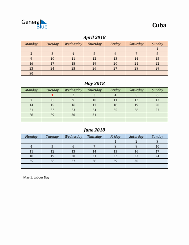 Q2 2018 Holiday Calendar - Cuba