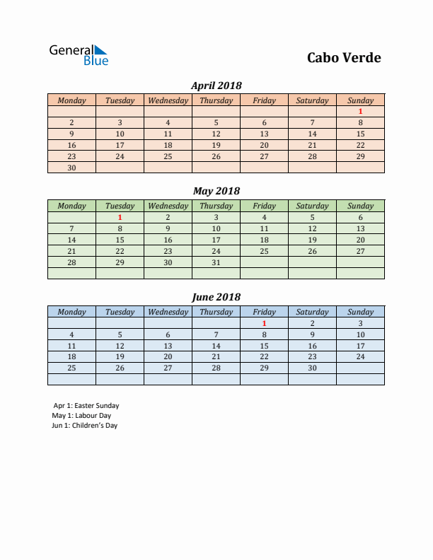 Q2 2018 Holiday Calendar - Cabo Verde