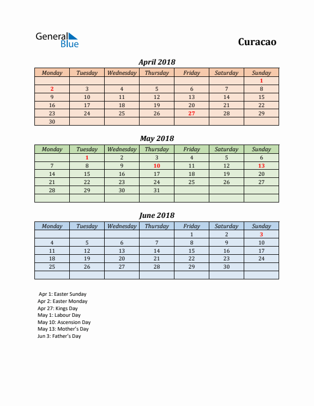 Q2 2018 Holiday Calendar - Curacao