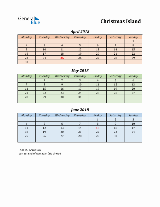 Q2 2018 Holiday Calendar - Christmas Island