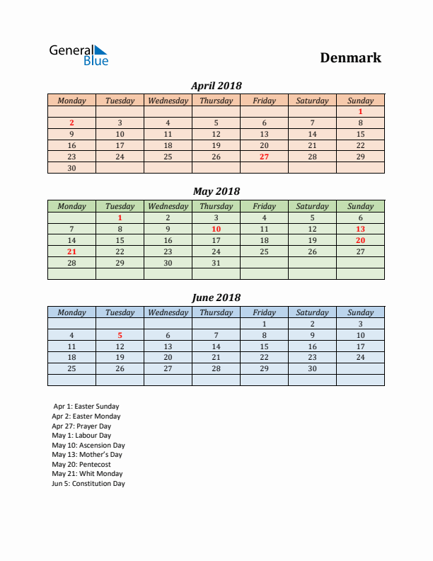 Q2 2018 Holiday Calendar - Denmark