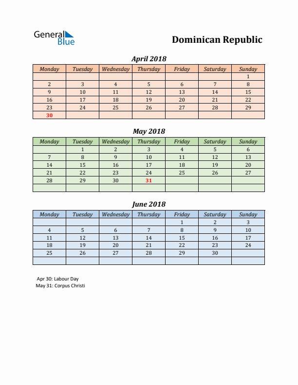 Q2 2018 Holiday Calendar - Dominican Republic