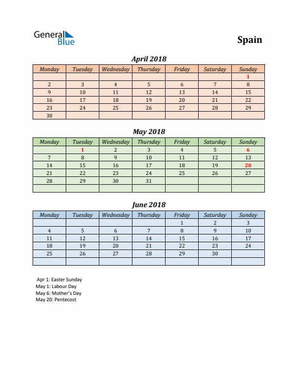 Q2 2018 Holiday Calendar - Spain