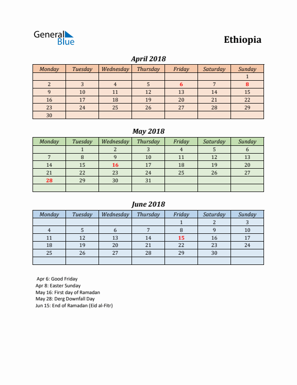 Q2 2018 Holiday Calendar - Ethiopia