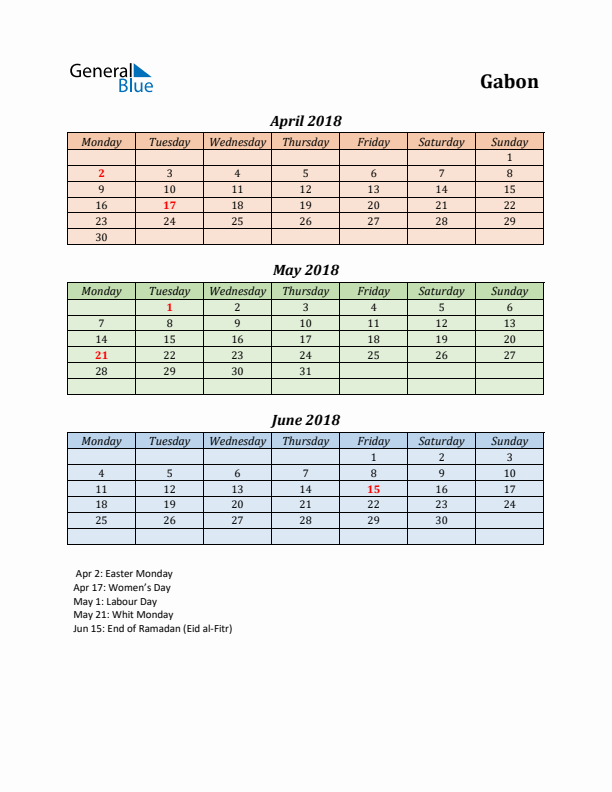 Q2 2018 Holiday Calendar - Gabon