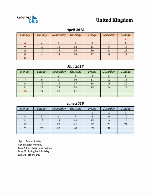 Q2 2018 Holiday Calendar - United Kingdom