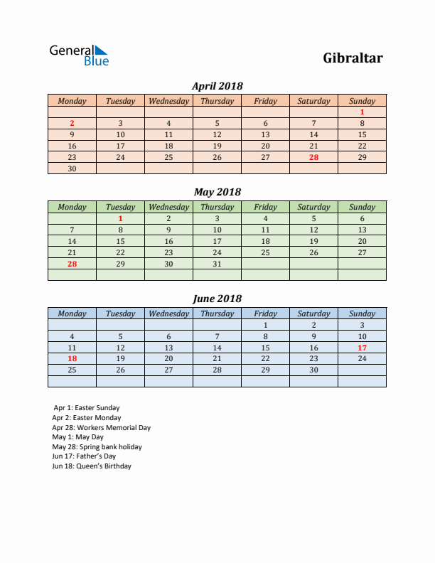 Q2 2018 Holiday Calendar - Gibraltar