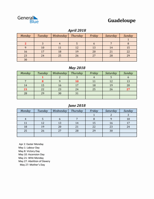 Q2 2018 Holiday Calendar - Guadeloupe