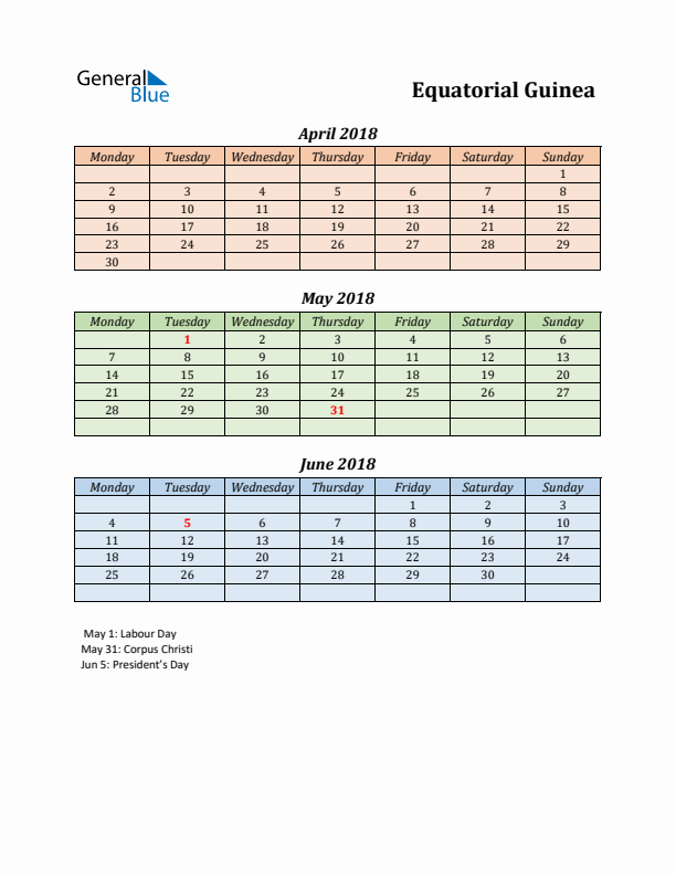 Q2 2018 Holiday Calendar - Equatorial Guinea