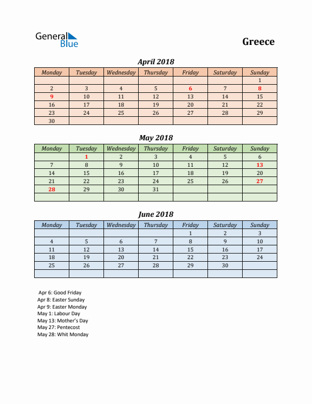 Q2 2018 Holiday Calendar - Greece