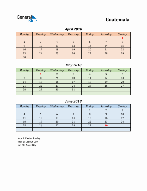 Q2 2018 Holiday Calendar - Guatemala