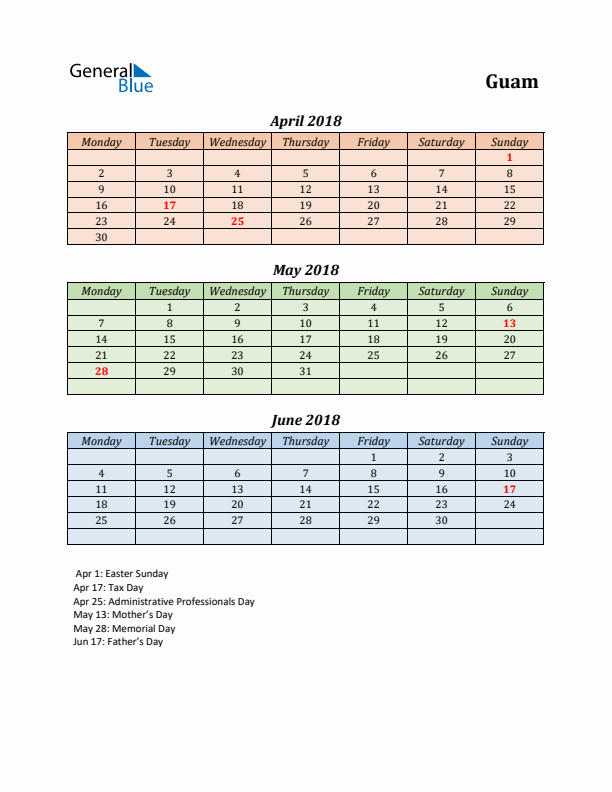 Q2 2018 Holiday Calendar - Guam