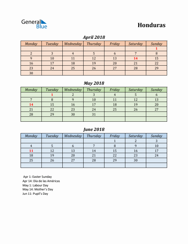 Q2 2018 Holiday Calendar - Honduras