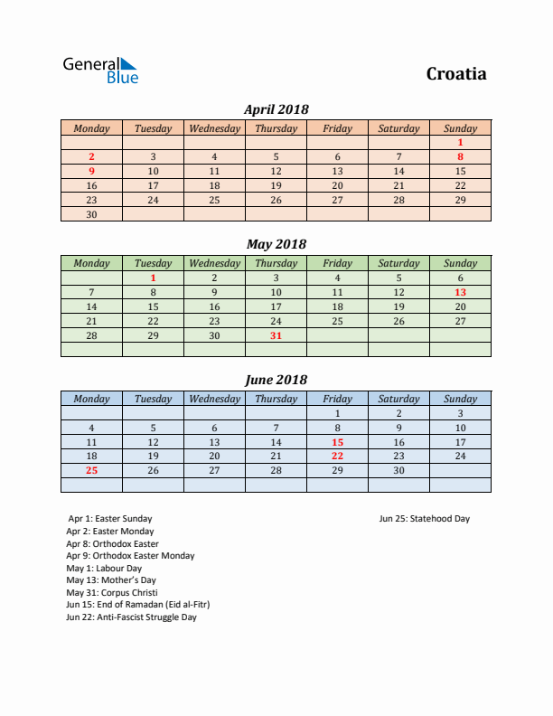 Q2 2018 Holiday Calendar - Croatia