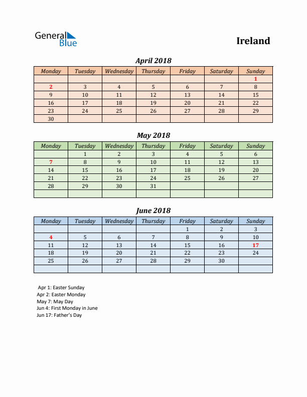 Q2 2018 Holiday Calendar - Ireland