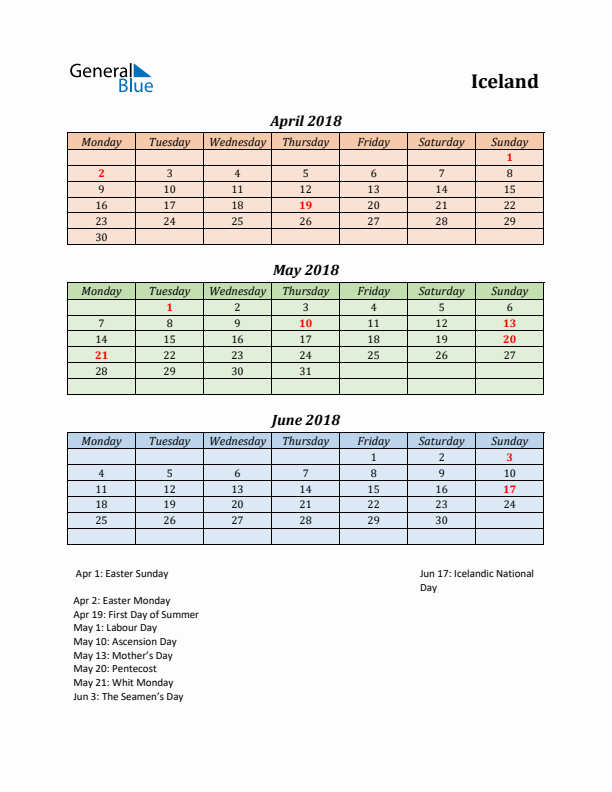 Q2 2018 Holiday Calendar - Iceland