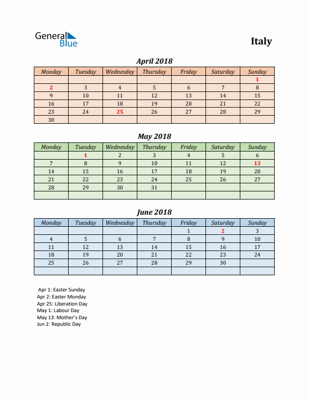 Q2 2018 Holiday Calendar - Italy