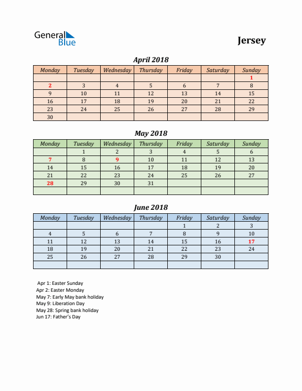 Q2 2018 Holiday Calendar - Jersey