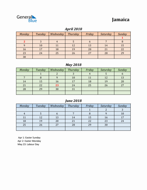 Q2 2018 Holiday Calendar - Jamaica