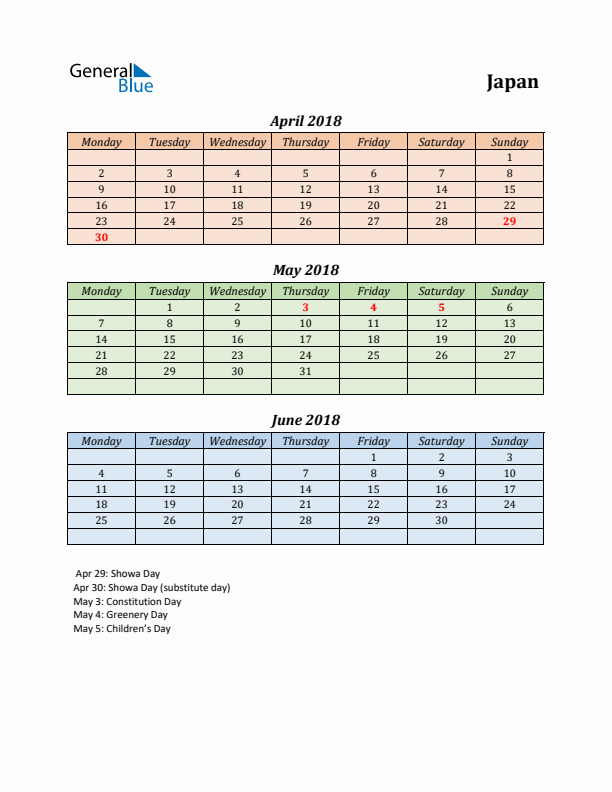 Q2 2018 Holiday Calendar - Japan