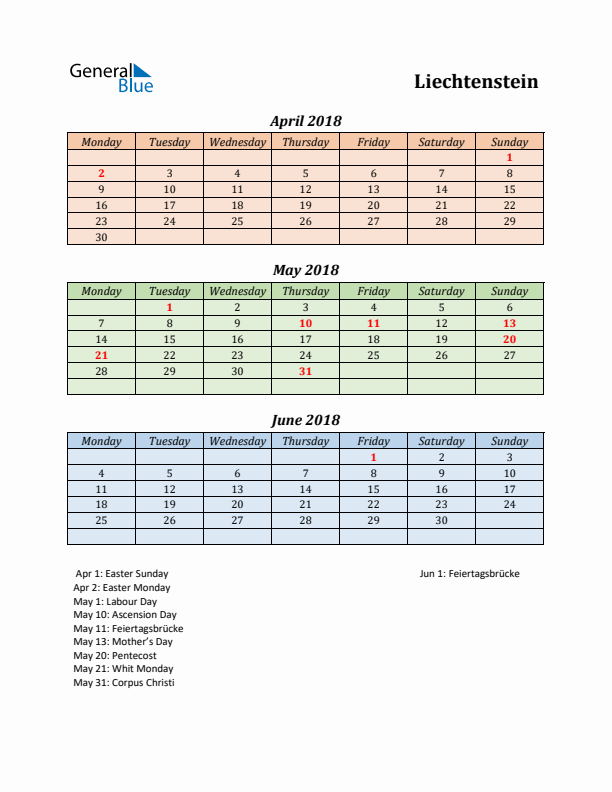 Q2 2018 Holiday Calendar - Liechtenstein