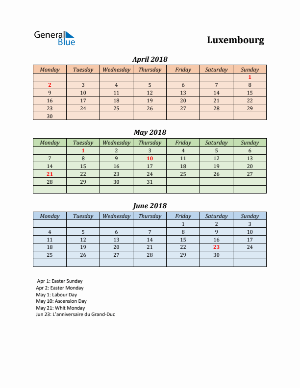 Q2 2018 Holiday Calendar - Luxembourg