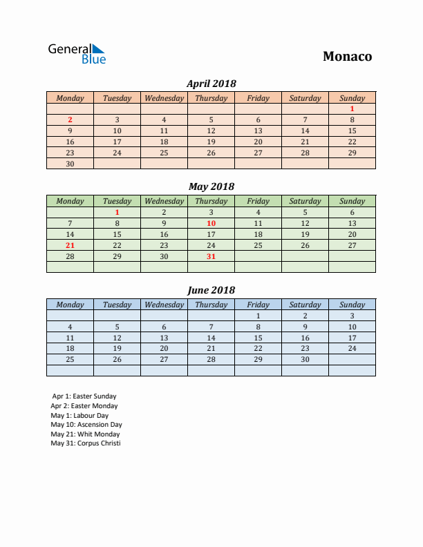 Q2 2018 Holiday Calendar - Monaco