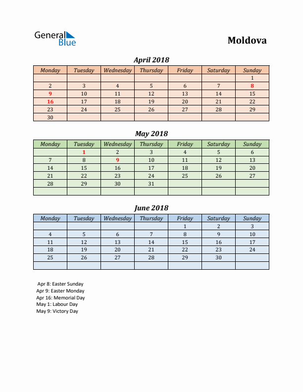 Q2 2018 Holiday Calendar - Moldova