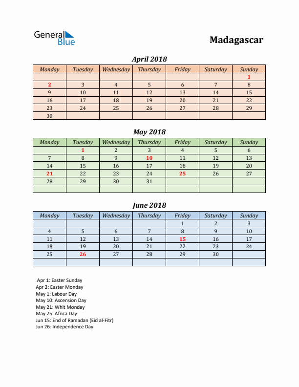 Q2 2018 Holiday Calendar - Madagascar