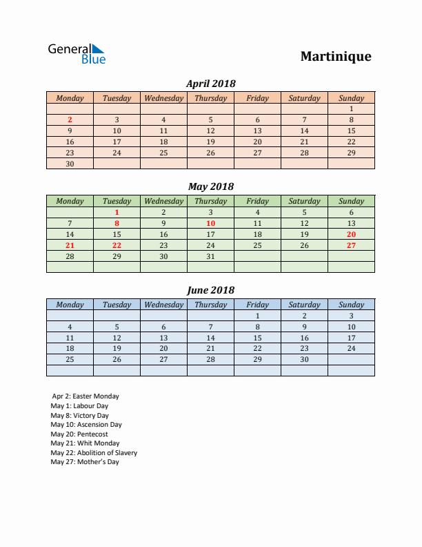 Q2 2018 Holiday Calendar - Martinique