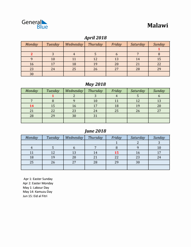 Q2 2018 Holiday Calendar - Malawi