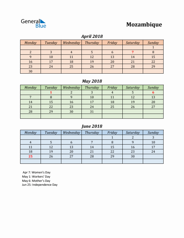 Q2 2018 Holiday Calendar - Mozambique