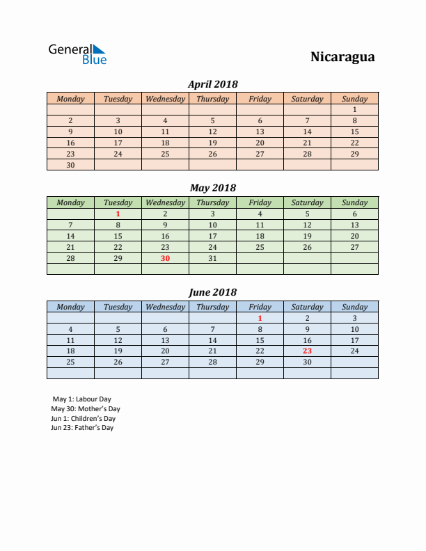 Q2 2018 Holiday Calendar - Nicaragua