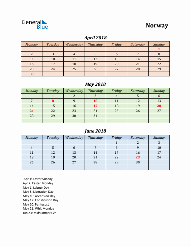 Q2 2018 Holiday Calendar - Norway