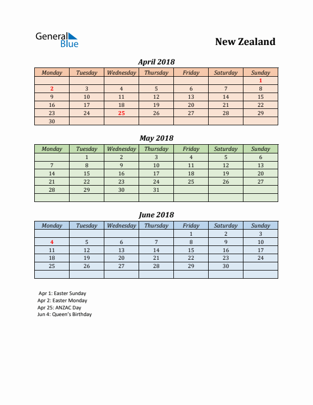 Q2 2018 Holiday Calendar - New Zealand