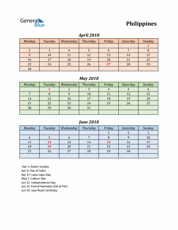 Q2 2018 Holiday Calendar - Philippines