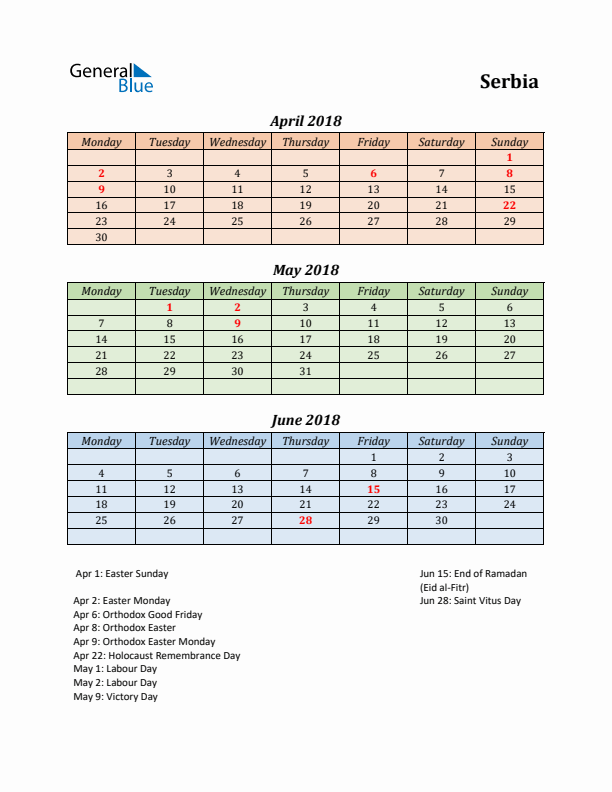 Q2 2018 Holiday Calendar - Serbia