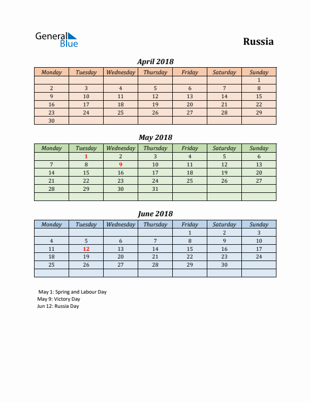 Q2 2018 Holiday Calendar - Russia