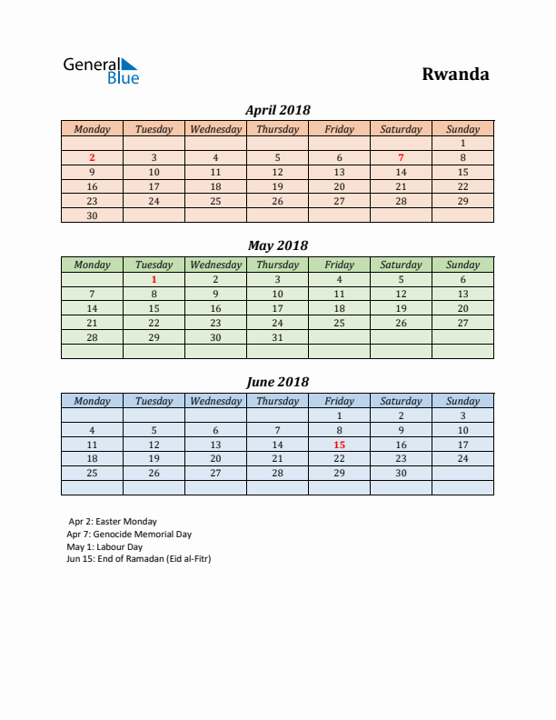 Q2 2018 Holiday Calendar - Rwanda