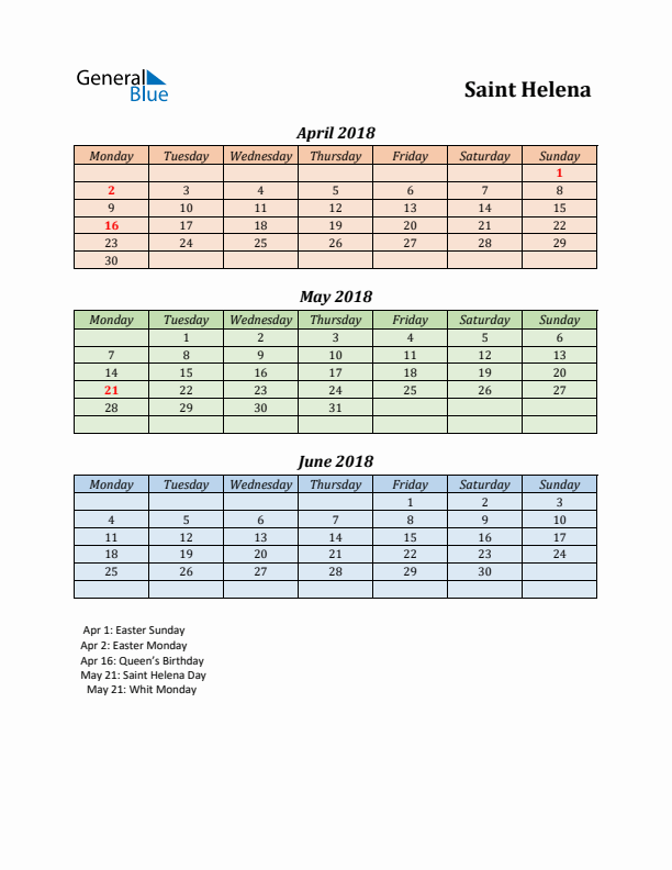 Q2 2018 Holiday Calendar - Saint Helena