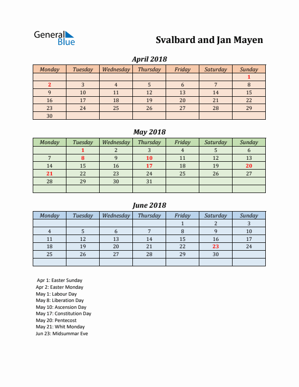 Q2 2018 Holiday Calendar - Svalbard and Jan Mayen